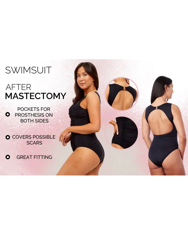 Nadia swimsuit details: pockets for a prosthesis on both sides and coverage for scars