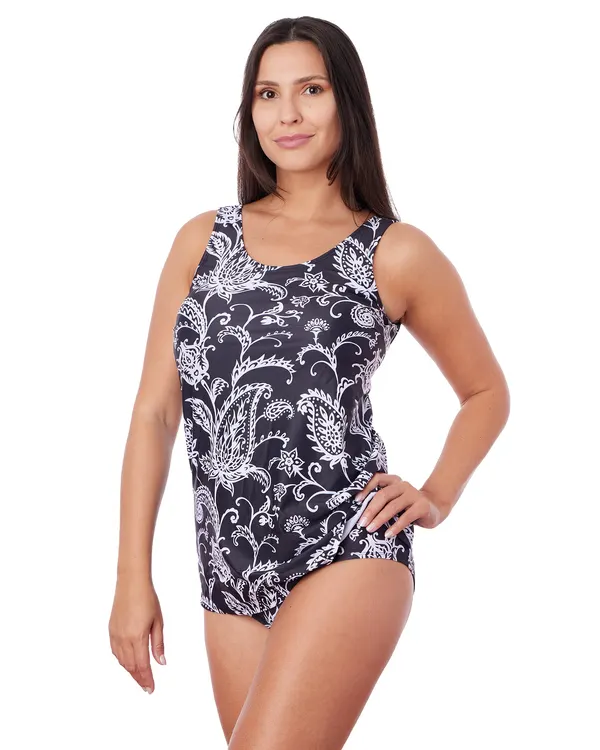 Woman wearing the Natalia mastectomy swimsuit in black and white paisley print, front view
