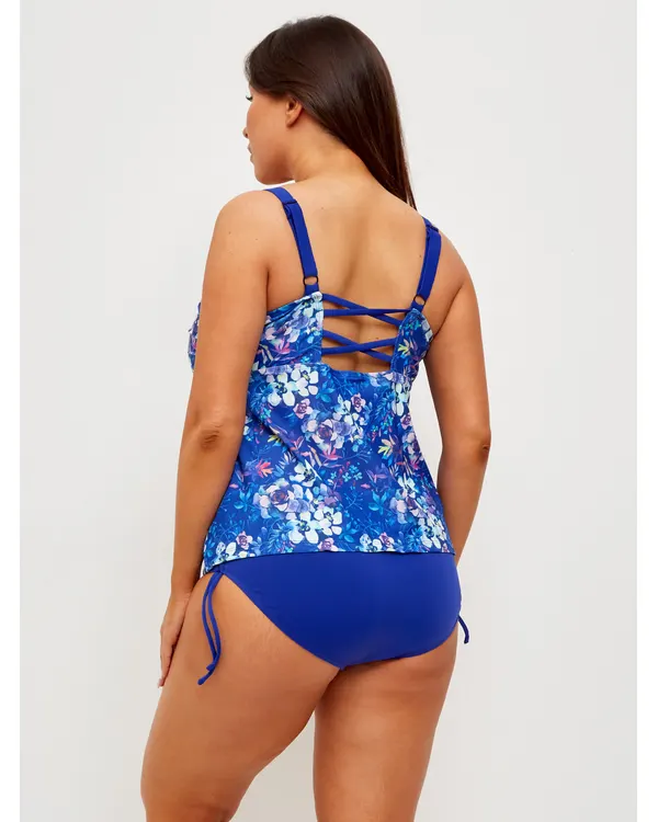 Vera tankini in blue, back view with lace-up straps