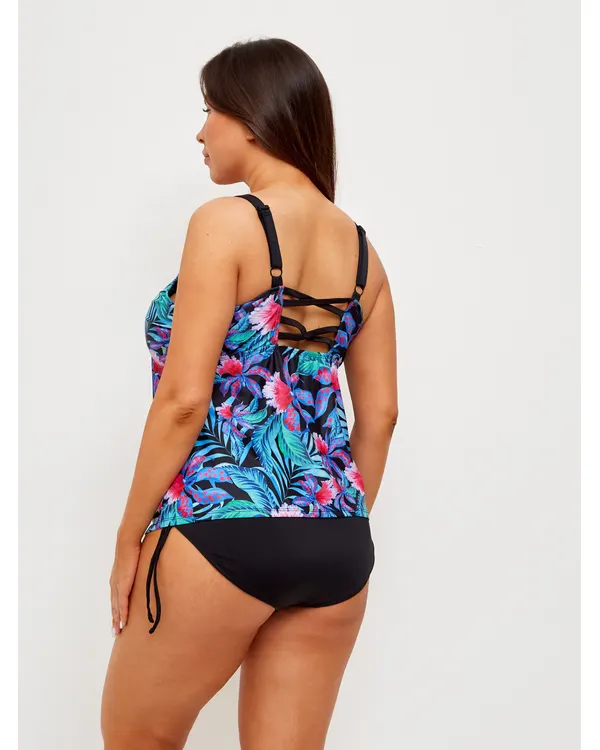 Vera tankini with tropical-print top and black bottom, back view